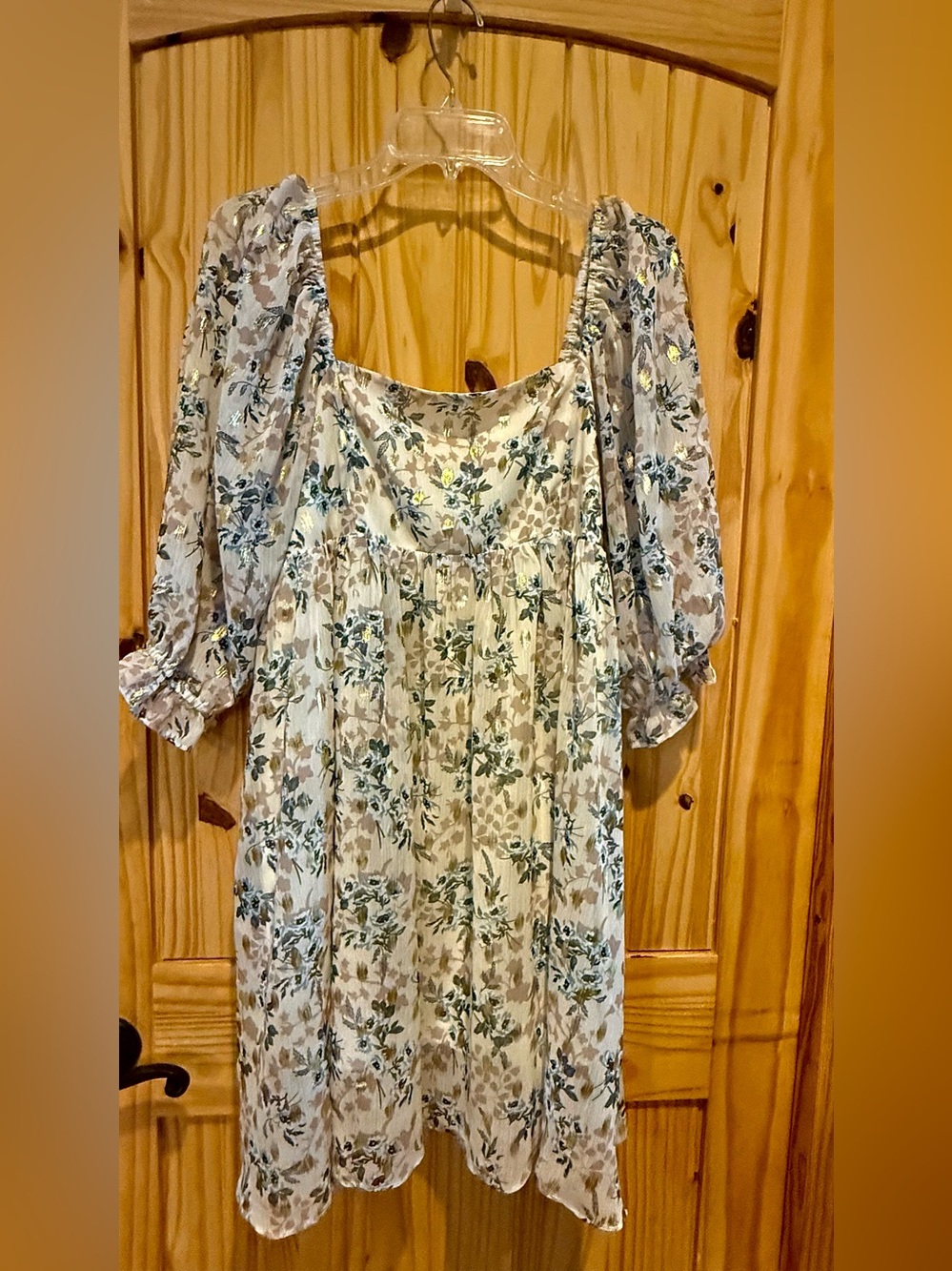 Women's Floral Mini Dress in Cream and Sage - Square Neck Puff Sleeve